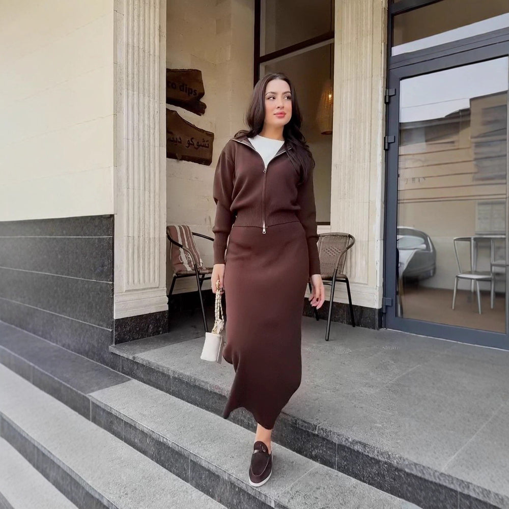 Elegant Long-sleeve Zip-front Waist-cinching Knit Sheath Dress For Women