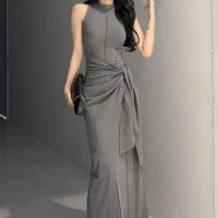 Womens Solid-Color French-Style Resort-Ready Sleeveless Two-Piece Look Dress