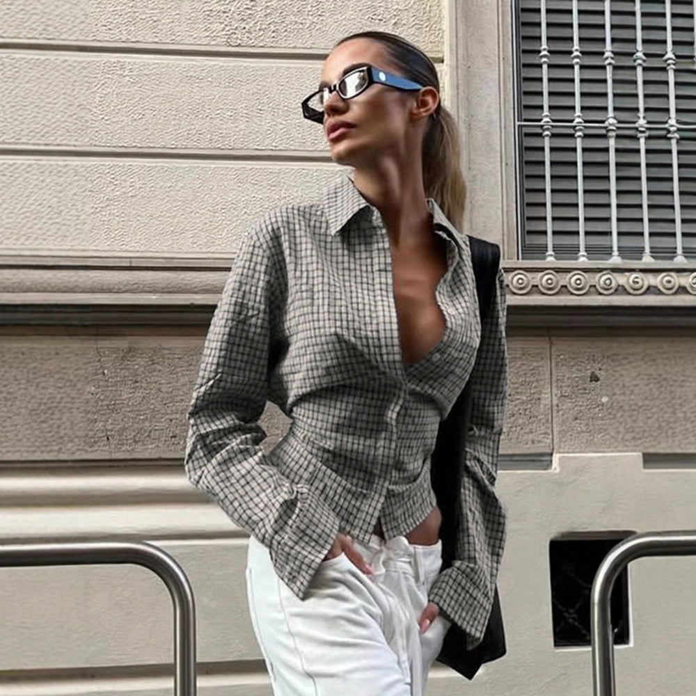 Retro Fitted-waist Tie-up Long-sleeve Plaid Shirt