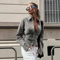 Retro Fitted-waist Tie-up Long-sleeve Plaid Shirt