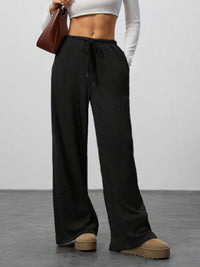 Womens Solid-Color Flowy Drawstring-Waist Wide-Leg Casual Pants