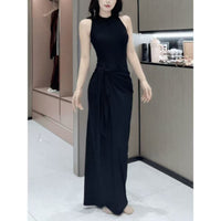 Womens Solid-Color French-Style Resort-Ready Sleeveless Two-Piece Look Dress