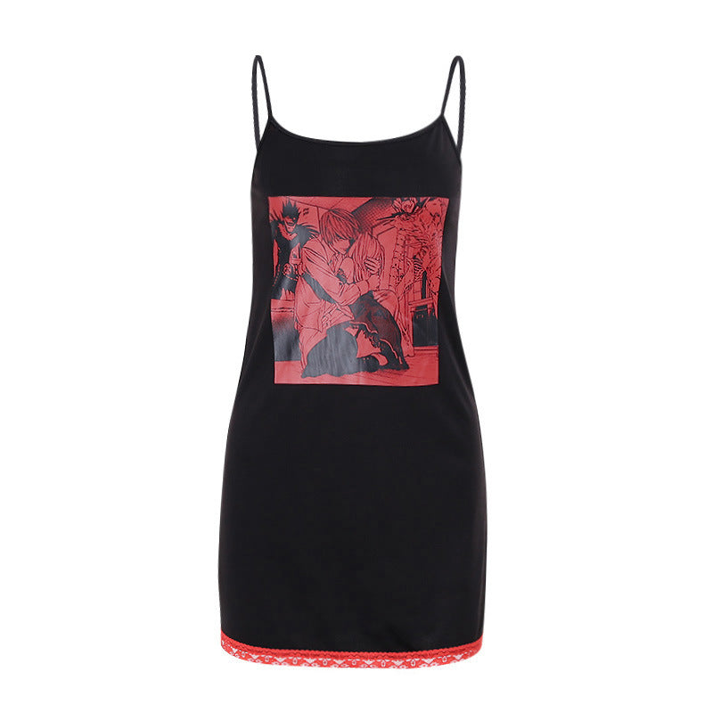 Women's Dark Print Ruffled Suspender Dress