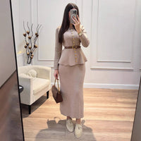 New Button-pleated Ribbed-button Fishtail Bodycon Coat With A Cinched Waist