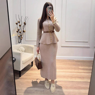 New Button-pleated Ribbed-button Fishtail Bodycon Coat With A Cinched Waist