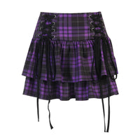 Dark Gothic Double-layer Lace-up Eyelet Check Skirt