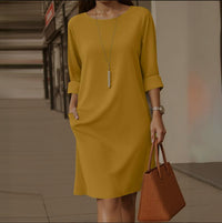 Versatile Solid-color Mid-sleeve Dress With Side Pockets