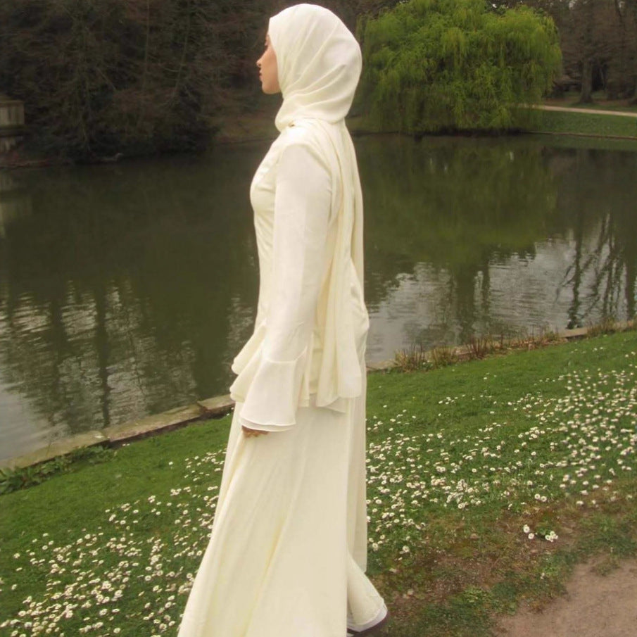 Solid-color Long-sleeve Elegant Headscarf Dress Set