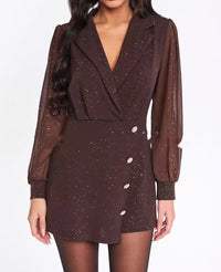 Mesh V-neck Sequin Lantern-sleeve Jumpsuit