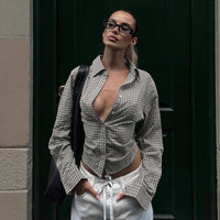 Retro Fitted-waist Tie-up Long-sleeve Plaid Shirt