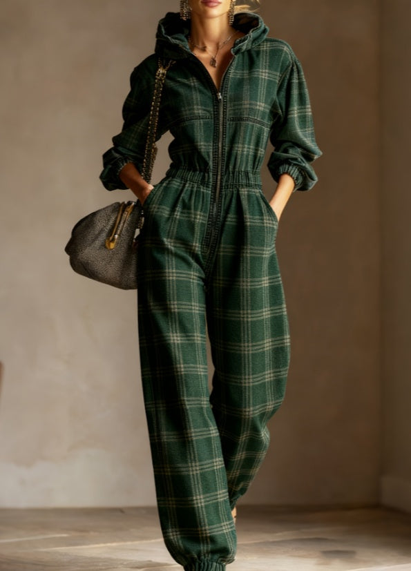 Vintage Plaid Hooded Waist-cinched Jumpsuit, Casual Loose  Long-sleeved Jumpsuit