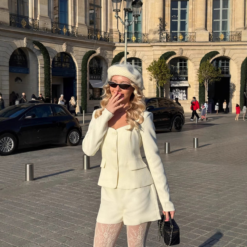 Womens Two-Piece Set Long-Sleeve Top And High-Waisted Shorts