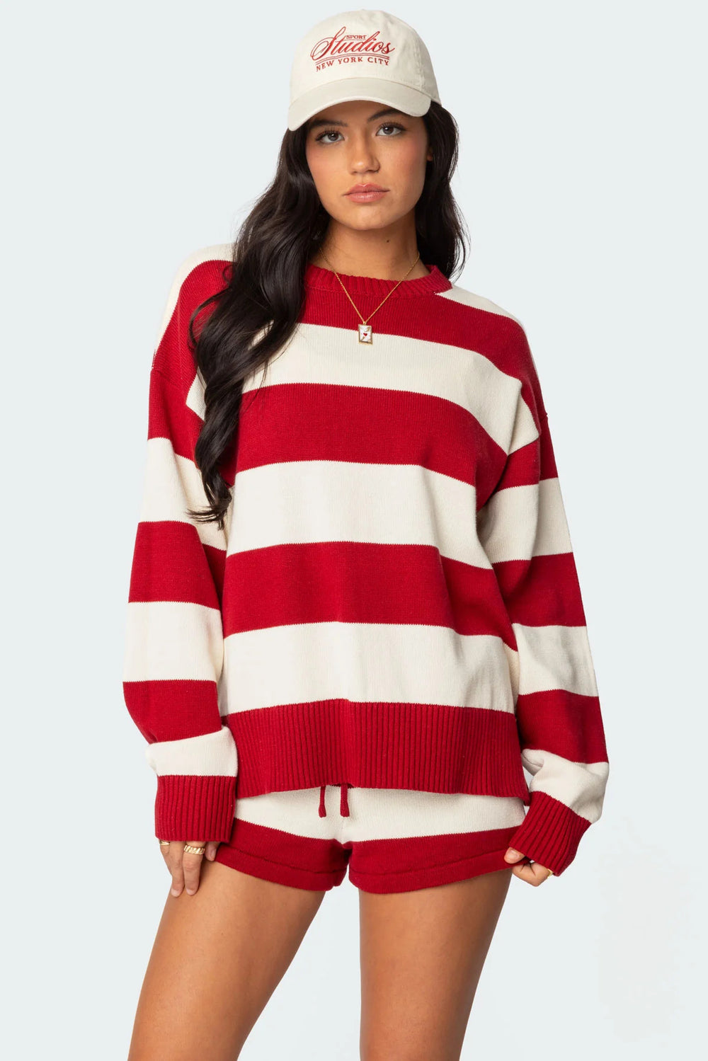 Casual Crew-Neck Striped Patchwork Knitted Sweater Set