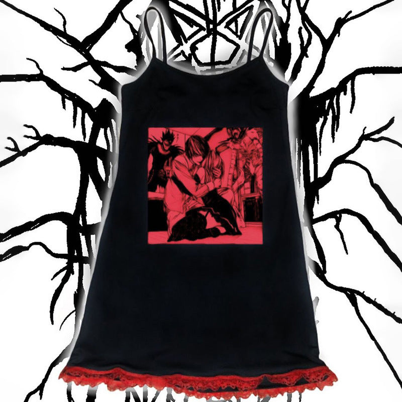 Women's Dark Print Ruffled Suspender Dress