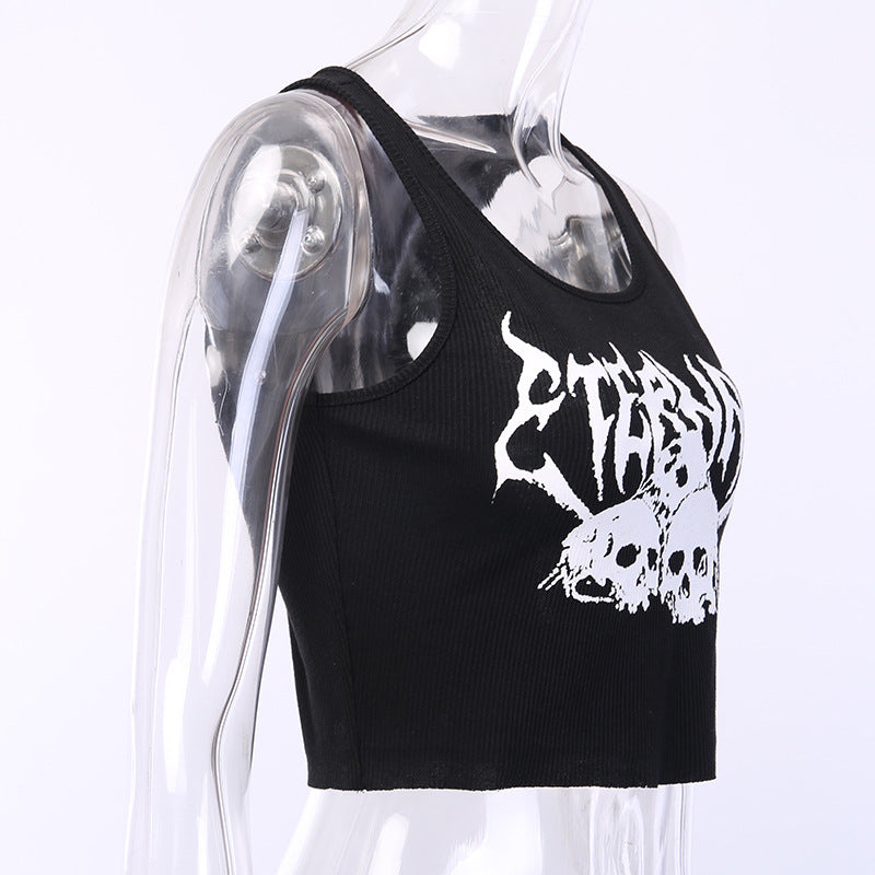 Navel Cropped Short Vest Female Gothic Style Vest Skull Print Top