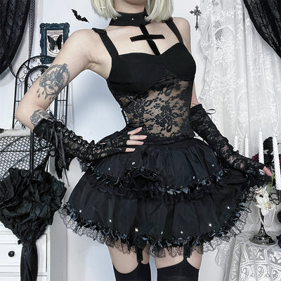 Dark Gothic Lace Cross-Neckline Camisole Sexy Slim-Fit Spaghetti-Strap Top For Bold Edgy Looks