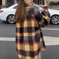 Koreanstyle SpringAutumn FleecLined Thickened Brushed Plaid Shirt For Women