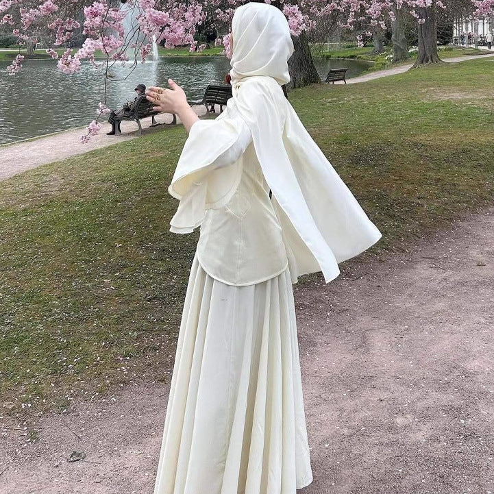 Solid-color Long-sleeve Elegant Headscarf Dress Set
