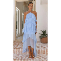 Solid-color Chiffon Tiered Dress With A Halter Neckline And Ruffled Hem