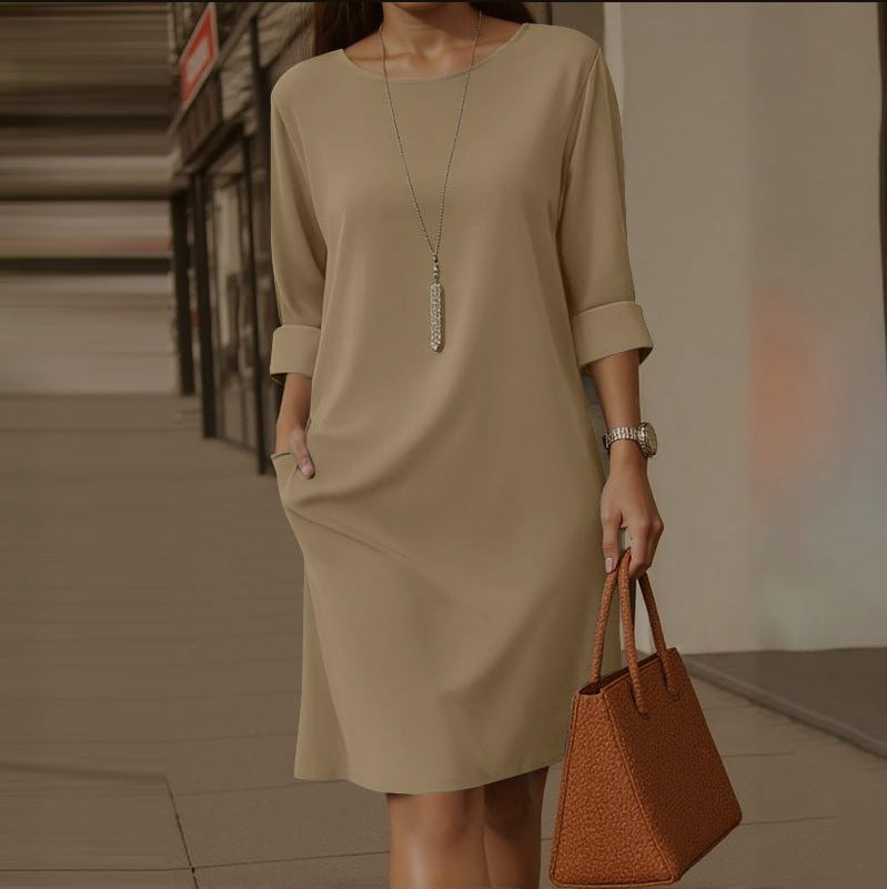 Versatile Solid-color Mid-sleeve Dress With Side Pockets