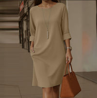 Versatile Solid-color Mid-sleeve Dress With Side Pockets