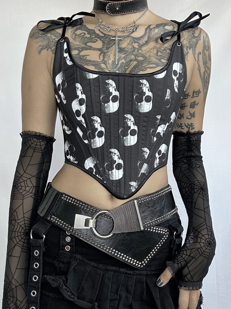 Dark Gothic Punk Spicy Girl Retro Skull Head Print Corset Tie Up Chest Vest
