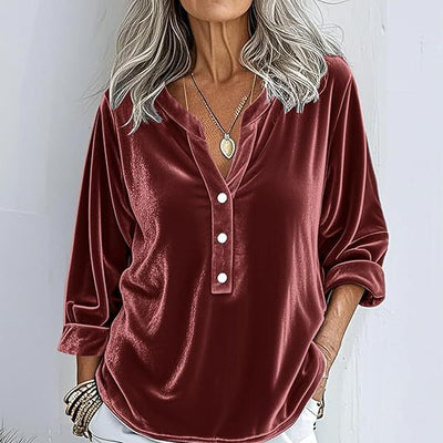 Womens Long-sleeve Solid-color V-neck Loose-fit Blouse