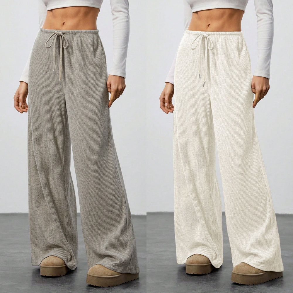Womens Solid-Color Flowy Drawstring-Waist Wide-Leg Casual Pants