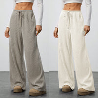 Womens Solid-Color Flowy Drawstring-Waist Wide-Leg Casual Pants