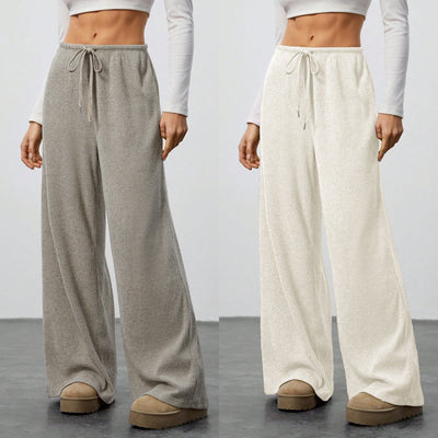 Womens Solid-Color Flowy Drawstring-Waist Wide-Leg Casual Pants