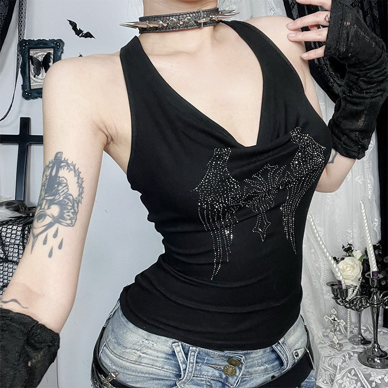 Gothic Dark Cross Rhinestone-strapped Off-shoulder Backless Tank Top Versatile Womens Vest