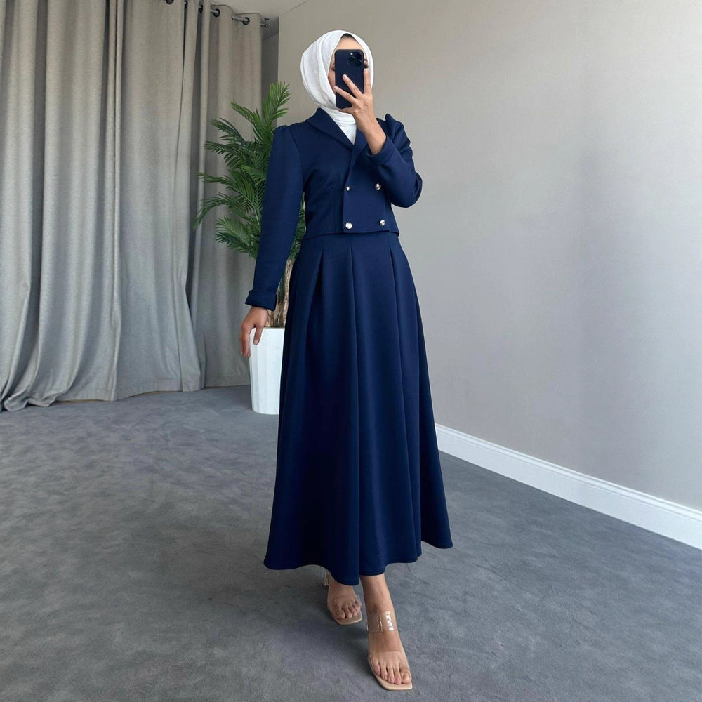 Buttoned Wool Coat And Preppy A-Line Maxi Dress Set