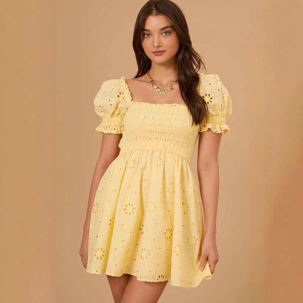Vacation-style Sweet Embroidered Square-neck Dress