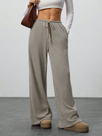 Womens Solid-Color Flowy Drawstring-Waist Wide-Leg Casual Pants