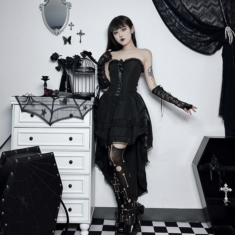 Dark Style Elegant Slim Fit Gothic Waist Tube Top Slippers Expansion Skirt Women