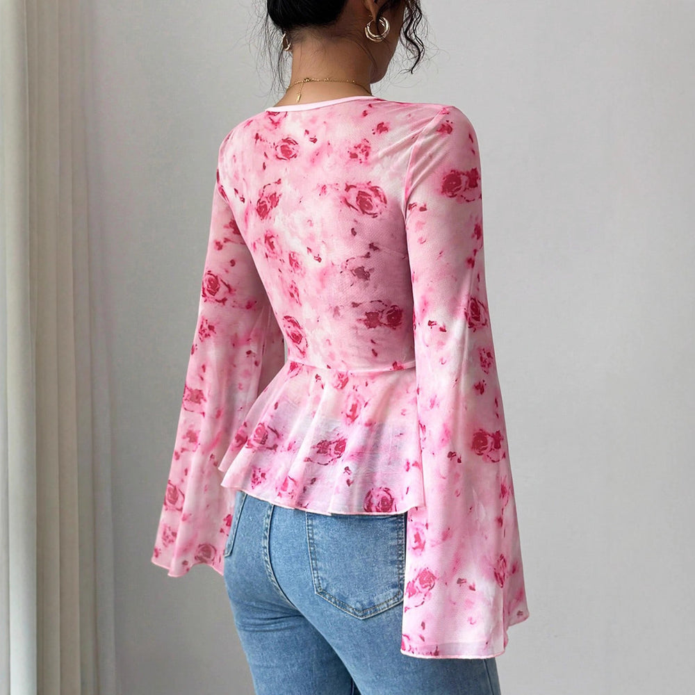Womens Mesh Red Rose Print V-Neck Top