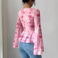 Womens Mesh Red Rose Print V-Neck Top