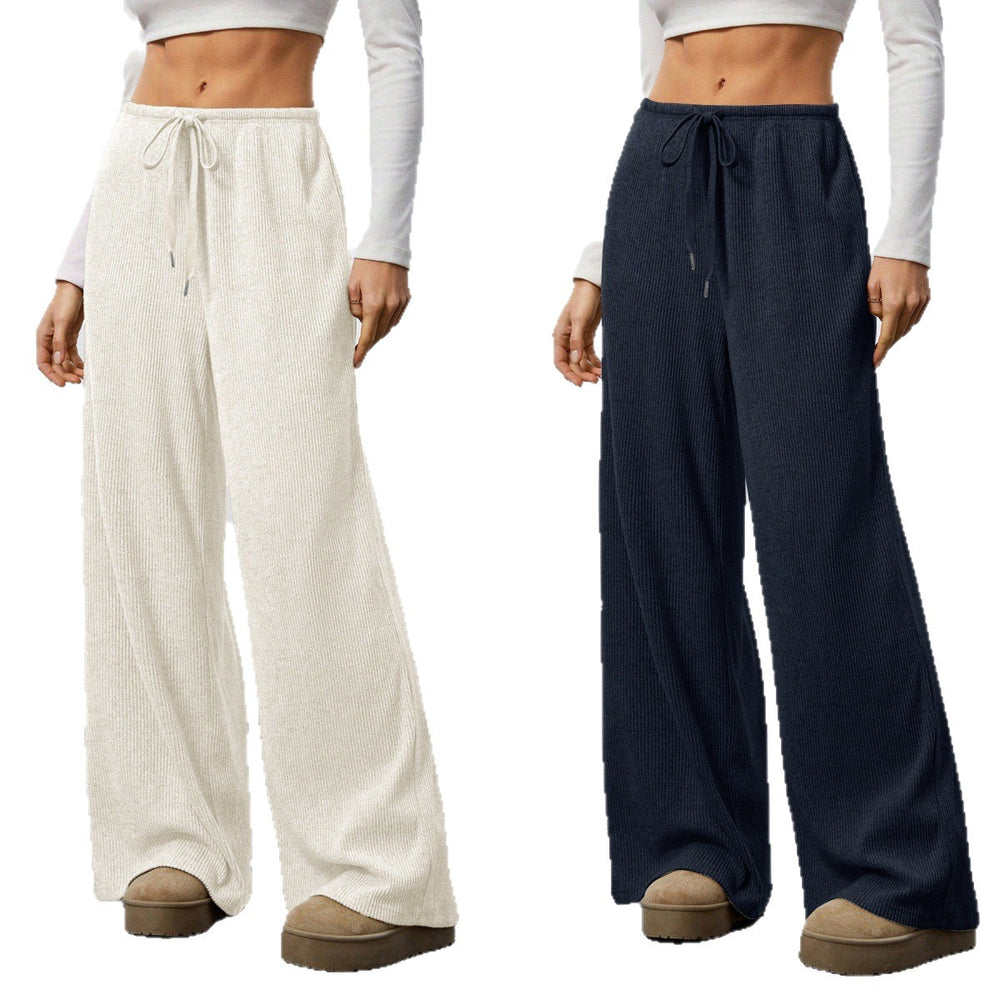 Womens Solid-Color Flowy Drawstring-Waist Wide-Leg Casual Pants