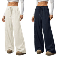 Womens Solid-Color Flowy Drawstring-Waist Wide-Leg Casual Pants