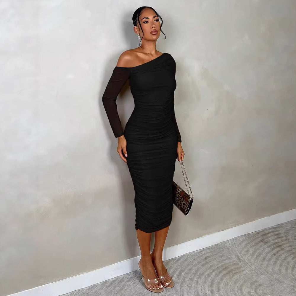 One-Shoulder Mesh Long-Sleeve Pleated Bodycon Dress