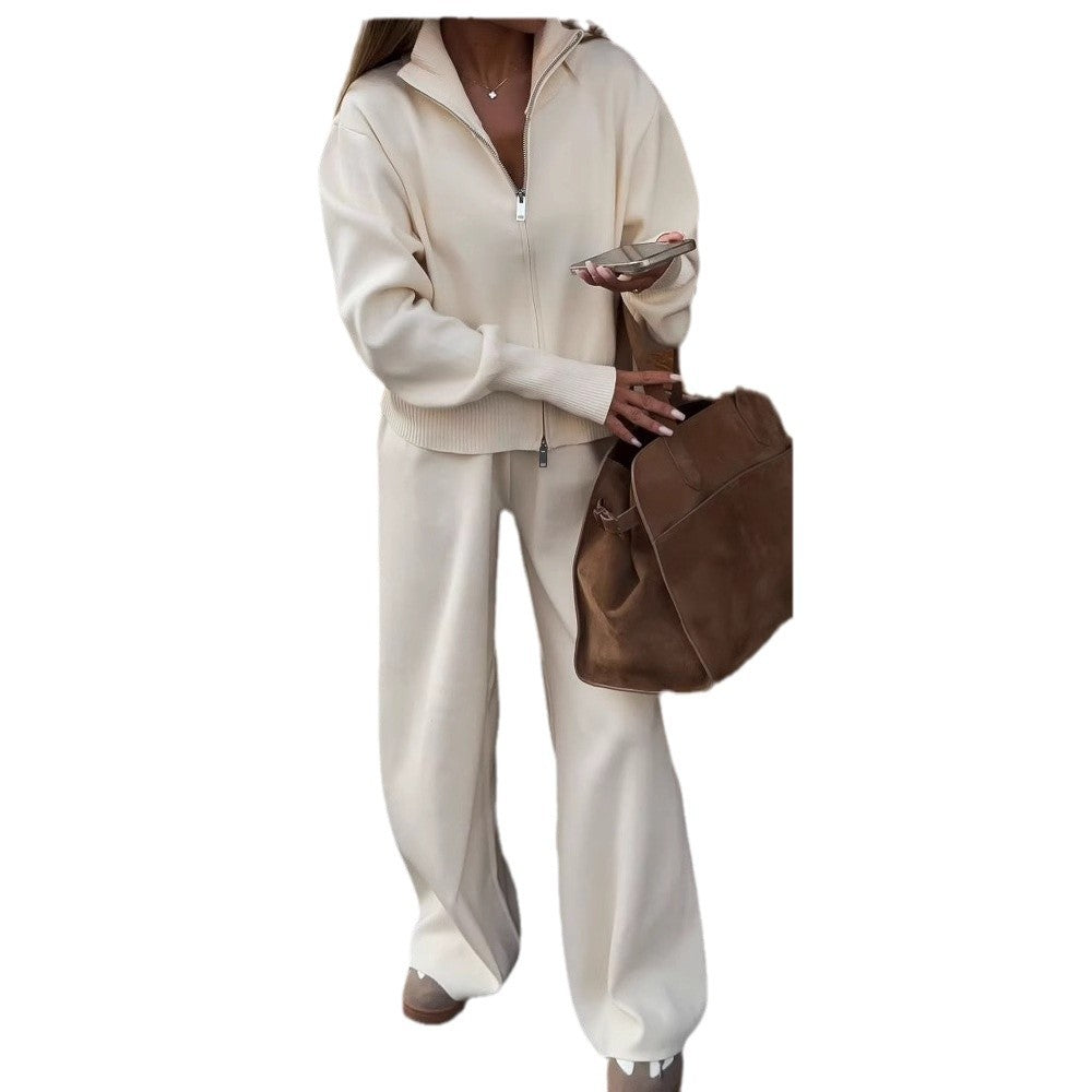 Solid-color Slim-fit Cropped Top And Slim-fit Knit Pants Two-piece Set