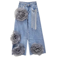 High-waisted Denim Jeans With Three-dimensional Flower Bead Chains