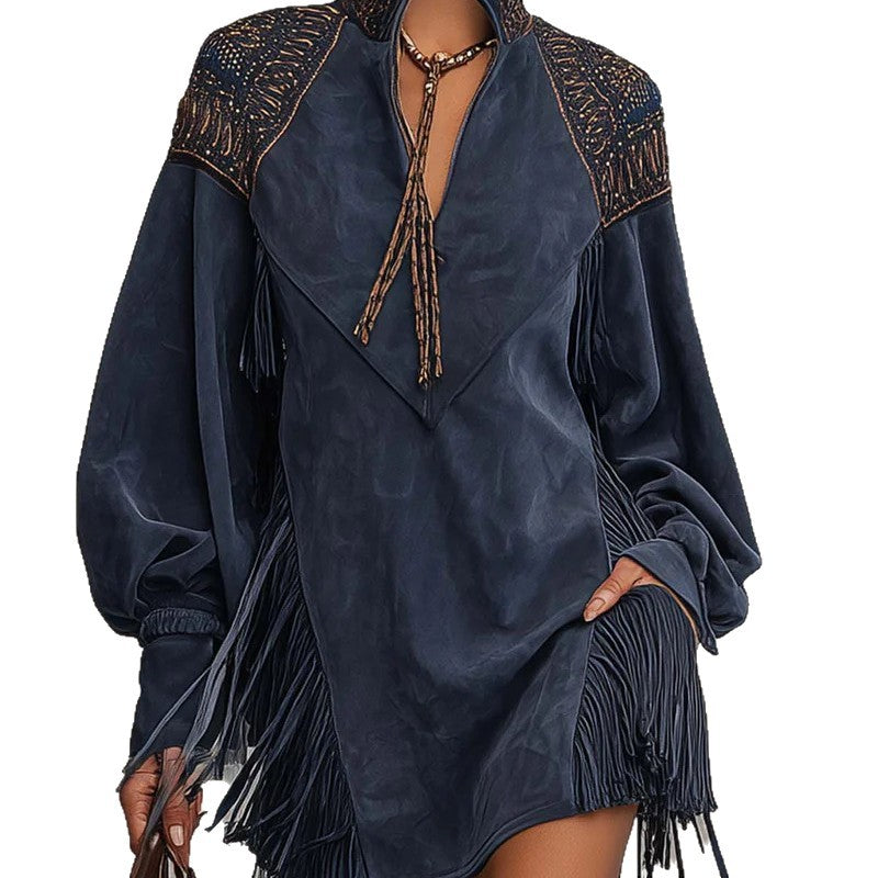 European And American V-neck Tassel-embroidered Dress