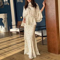 Batwing-sleeve Elegant Belted Top And Floral Skirt Set For Women