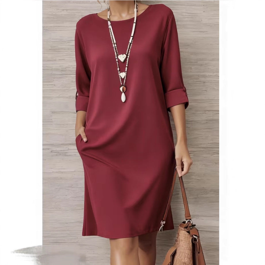 Versatile Solid-color Mid-sleeve Dress With Side Pockets