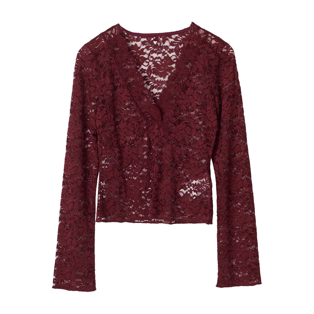 Lace V-neck Long-sleeve Blouse Top