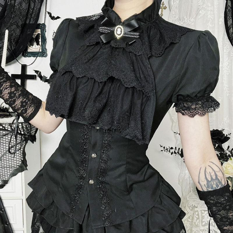 Dark Gothic-style Sexy Figure-hugging Lace-panelled Shirt