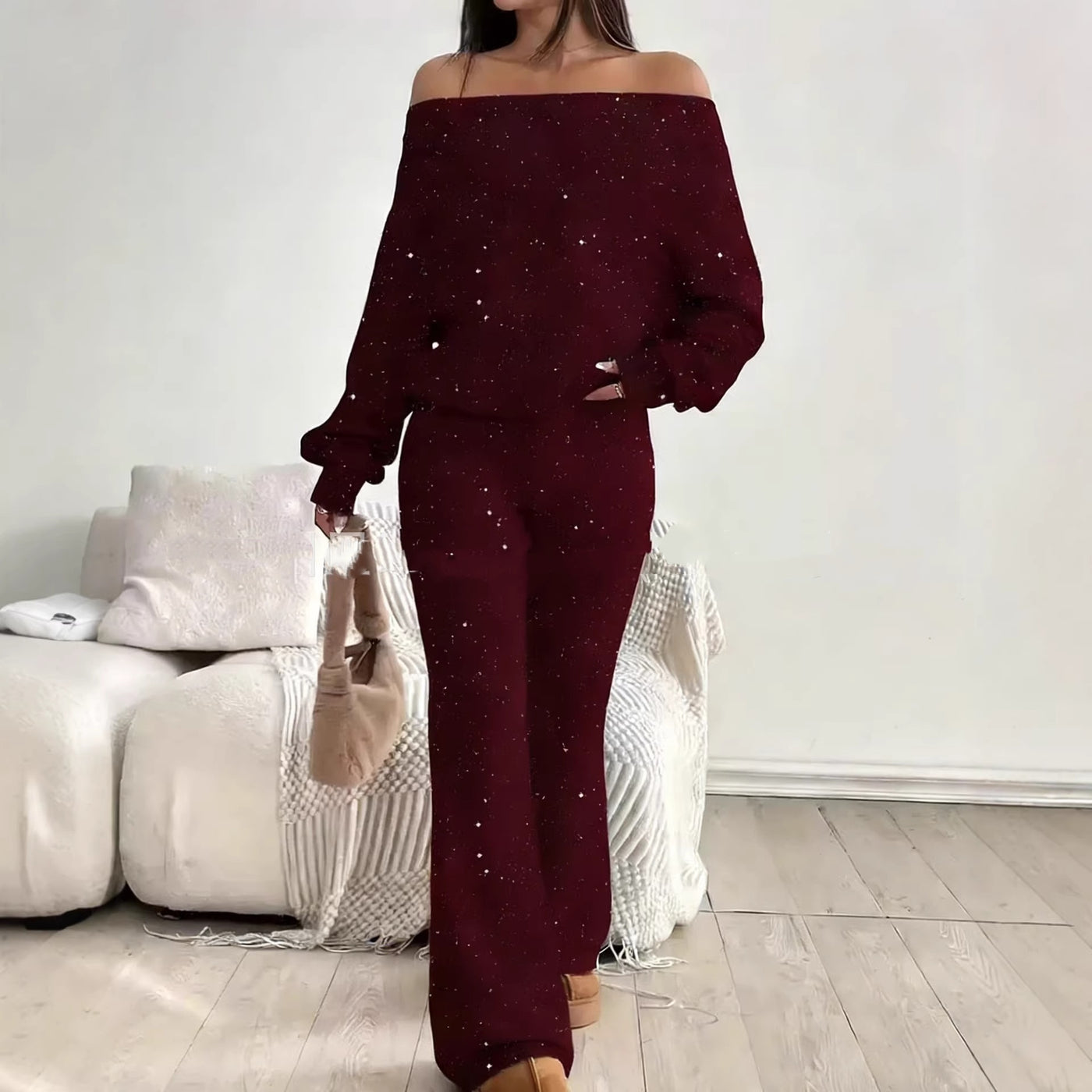 Sequined Off-the-Shoulder Long Solid-Color Womens Suit