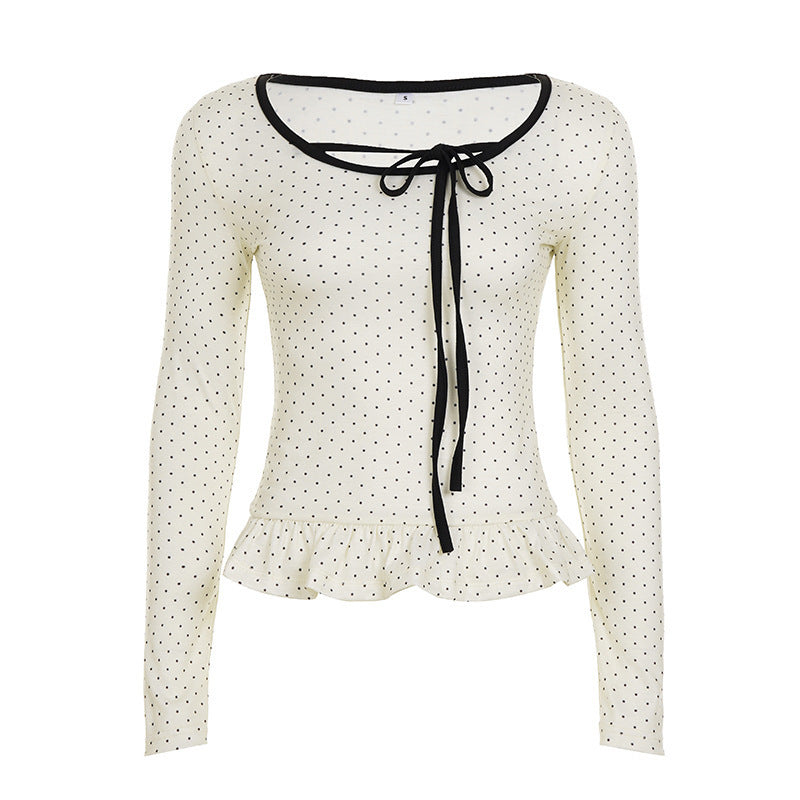 Polka-dot Printed Lace-trimmed Long-sleeve Top For Women