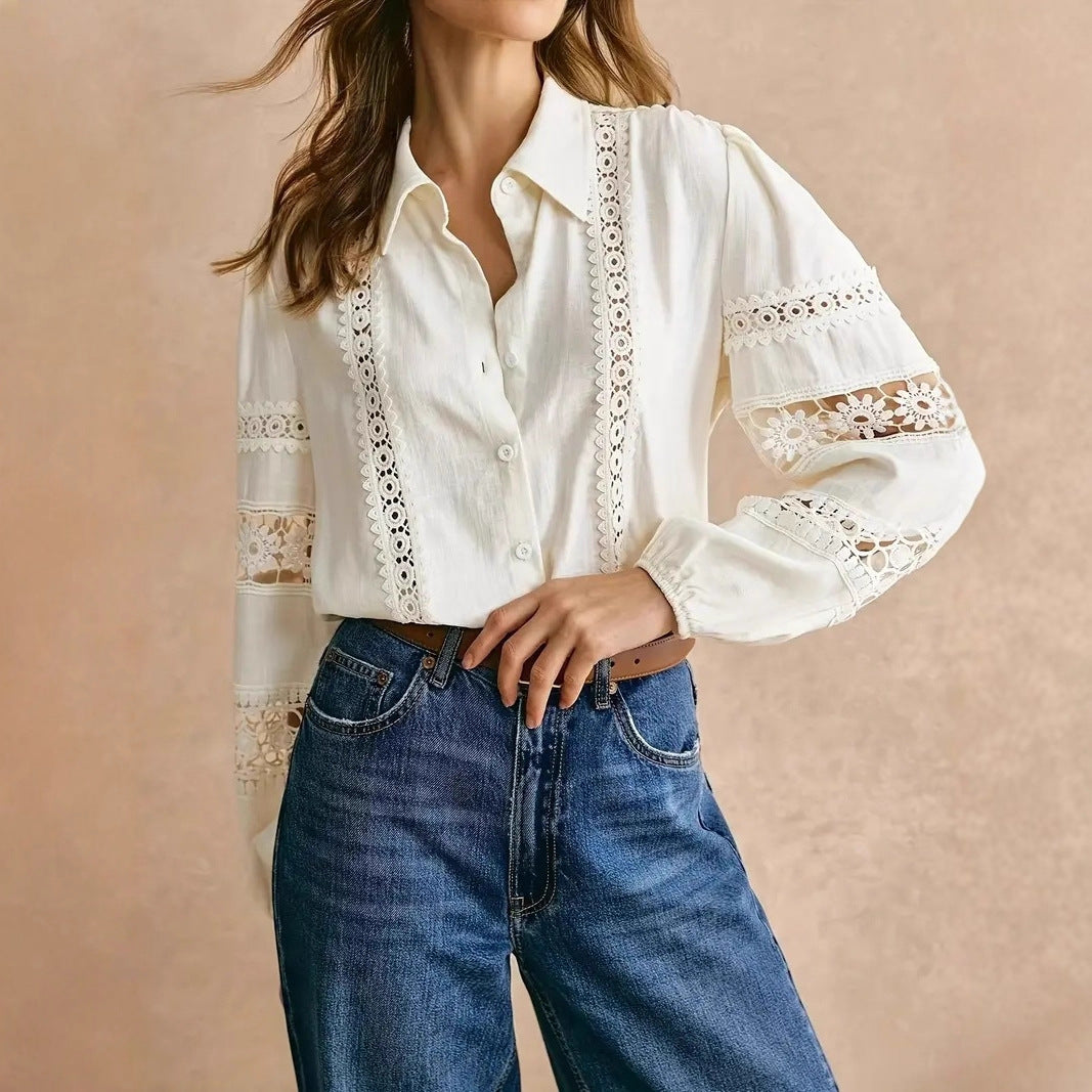Lace-trimmed Openwork Long-sleeve Shirt With Patchwork Details